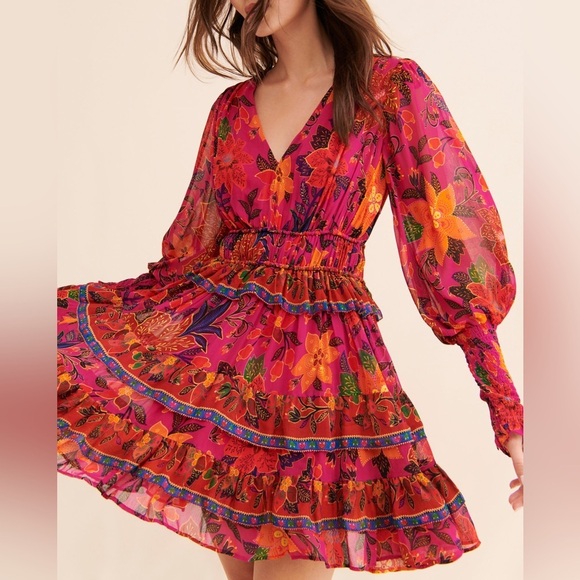 FARM RIO Tropical Tapestry Long-Sleeve Minidress Size M - Picture 1 of 16